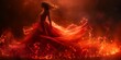 A woman in a red dress is dancing in a fiery blaze