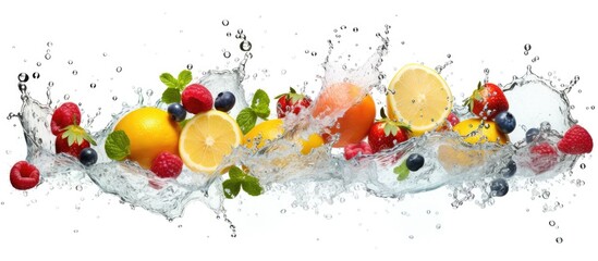 Canvas Print - Assorted fruits such as oranges, apples, and berries are shown in a close-up shot while being splashed with refreshing water droplets