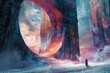 Surreal Sci Fi Landscape with Monumental Gateway, Lone Figure, and Cosmic Atmosphere