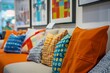 Colorful Throw Pillows on a Modern Couch in a Bright Living Room Interior with Decorative Wall Art