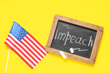 Wall Mural - Chalkboard with word IMPEACH and USA flag on yellow background