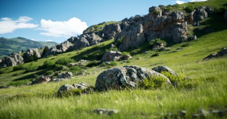 Sticker - Meadow with green grass and mountains in background,