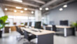 © Uuganbayar - Blurred office interior space background. Blurred interior of modern office workplace a workspace design without partition decorate with black, white and wooden furniture