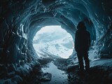 Fototapeta Uliczki - ultra wide angle shot, the silhouette of a guy in an ice cave, UFO dark tones color palette, grain film