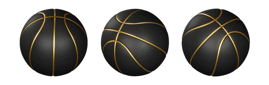 Black basketball ball with golden lines, transparent background