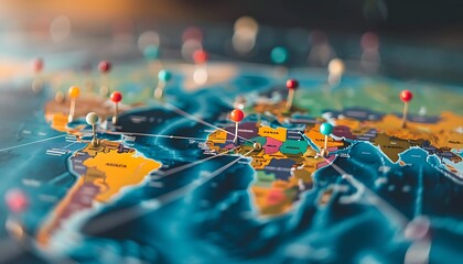 Poster - World map with pins and connecting lines illustrates global business expansion