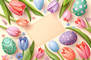 Wall Mural - Frame made of colored Easter eggs and colorful tulip flowers with blank card with copy space. Happy Easter concept. Simple spring postcard, banner, invitation. Top view, flat lay
