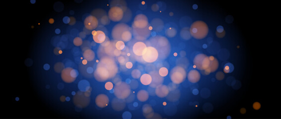 Blur gold bokeh on blue background. Golden blurred effect wallpaper. Abstract shiny glitter, sparks and sparkles. Glowing navy backdrop for Christmas, New Year or birthday card, poster, banner. Vector