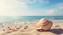 Single Big Seashell Conch On Sand Beach On Sunny Day With Beach Waves Background Created With Generative AI Technology