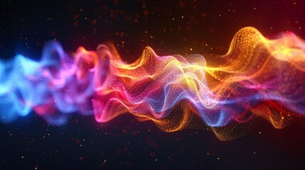 Poster - A digital art representation of a dynamic, multicolored particle wave flow on a dark backdrop.