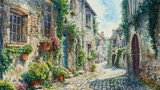 Fototapeta Uliczki - watercolor, cobblestone, village, flowering ivy, historical, sunny, quaint houses, potted plants, rustic charm, stone walls, blooming flowers, idyllic, peaceful, French countryside, art, narrow street