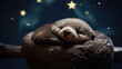 Cute Little baby sea otter animal in a sleeping hat sleeps soundly in the full moon, starry sky and clear night sky created with Generative AI Technology