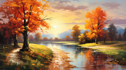  autumn river in the countryside in bright orange style in the summer morning sunset romantic pastoral charm with orange autumn trees around created with Generative AI Technology