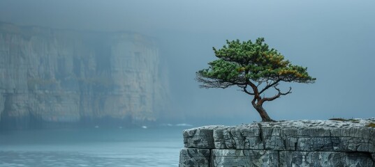 A tree on the edge of a rock cliff. Generative AI technology.