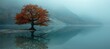 Autumn tree at lake. Melancholic misty scene. Generative AI technology.