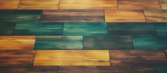 Poster - Detailed close-up view of a colorful tile floor featuring an intricate wooden pattern design