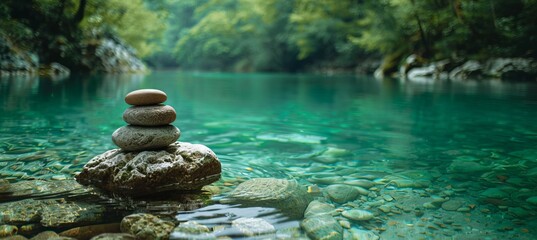 Wall Mural - stones balance tower at river. peace and harmony concept. generative ai technology.