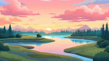 Wall Mural - colorful cartoon sunset over a serene river, flanked by lush greenery and silhouetted mountains