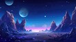 cartoon mesmerizing alien landscape under a starlit sky, highlighted by two glowing moons