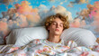 A person sleeping peacefully with a colorful cloud mural in the background, suggesting dreamy relaxation