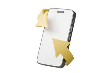 Poster - 3d Smartphone or mobile phone with arrow curve around icon. isolated on white background, Business investment concept. Minimal blank white screen mockup for graphic element. 3D rendering illustration.