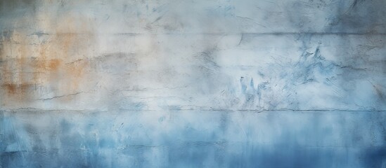 Poster - A close up of an electric blue concrete wall with a blurred natural landscape background, featuring hints of sky, clouds, and wood patterns