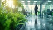 Green, sustainable and environmental office space with daily employee rush. Modern and nature friendly startup business with ESG standards and care for worker wellness and healthy environment