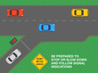 Safe driving tips and traffic regulation rules. Top view of a car approaching the ramp meter. 
