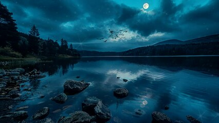 Wall Mural - Nighttime Oasis: Discovering the Magic of a Serene Lake After Dark. Seamless looping time-lapse virtual 4k video animation background