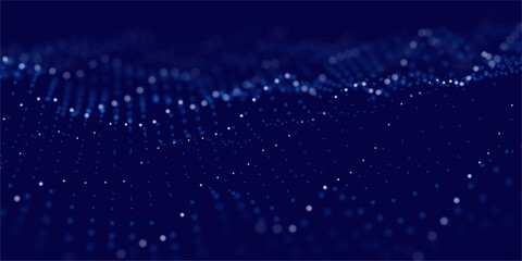 Wall Mural - flowing particles dots, wave pattern curve halftone shape isolated on dark background. vector backgr