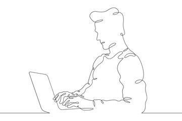 Wall Mural - One continuous line. The student reads the information on the screen. Learning with the help of new high technologies. Multiscreen in education. A young man in front of the screens.  One continuous li