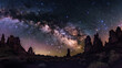 A panoramic view capturing the Milky Way's radiance above a desert valley lined with rock spires