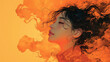 An Asian girl with curly hair, surrounded by orange smoke and clouds, in a half body portrait, in the colorful ink painting style, with a strong contrast between light and dark. Created with Ai