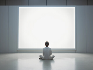 Poster - A woman sitting in front of a large white screen or TV with space for text, graphics or logos 