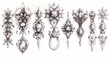 A set of simple and elegant brooch sketches, using simplified line style. The design of each brooch should be concise and clear, avoiding excessive decoration