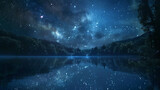 Fototapeta Na sufit - Ethereal scene with a star-filled night sky reflecting over a calm, mirror-like mountain lake in a forest setting