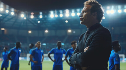 Poster - A soccer coach in a black suit, talking to his players wearing blue uniforms with white numbers on the chest and back standing at an empty stadium