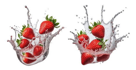 Wall Mural - strawberry falling into water splash isolated on transparent background
