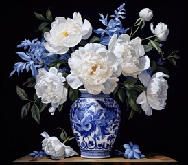 Sticker - Blue and white peonies in an antique ceramic vase on a black background