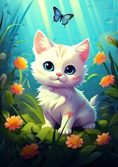Wall Mural - Cute Kitten Sitting on Lush Green Field with Flowers