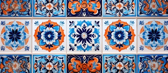 Poster - A creative arts masterpiece showcasing a symmetrical pattern of azure and electric blue rectangle tiles with a vibrant floral design