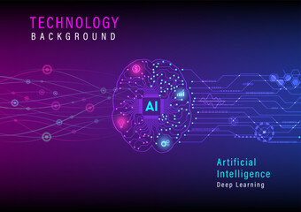 Fototapete - Abstract background technology futuristic artificial intelligence Brain machine learning has a microprocessor with electronic circuits and glowing icons, purple and blue gradient background.