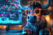 A cute bull with glowing eyes is sitting at the computer. There is an orange neon glow on his face and he has glasses that reflect trading charts. Created with Ai