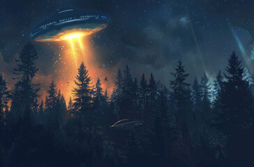 A flying saucer is shining in the night sky, hovering over Scandinavian forests
