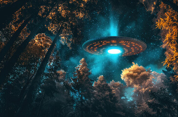 A flying saucer is shining in the night sky, hovering over Scandinavian forests