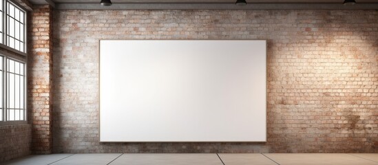 Poster - A rectangle whiteboard hangs on a brick wall in a room, used as a display device for events. The wood fixture contrasts with the ceiling