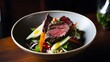 Minimalist Japanese Gastropub: Gourmet Thai Wagyu Beef Salad, Served in an Earthenware Bowl - A Fusion of Elegance and Flavor.