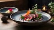 Minimalist Japanese Gastropub: Gourmet Thai Wagyu Beef Salad, Served in an Earthenware Bowl - A Fusion of Elegance and Flavor.