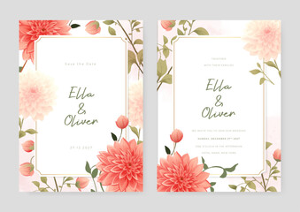 Wall Mural - Pink chrysanthemum wedding invitation card template with flower and floral watercolor texture vector