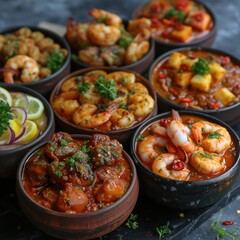 Sticker - variety of seafood dishes in plates